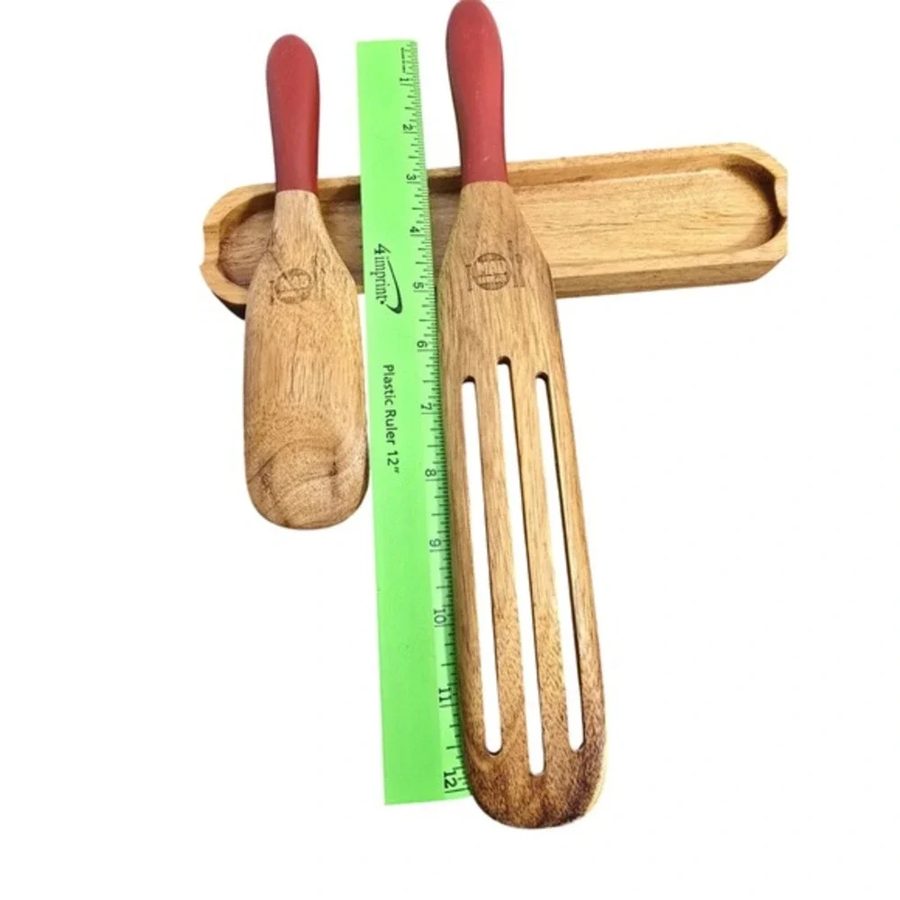 Mad Hungry Acacia Wood Kitchen Set Slotted Spurtles Holder Red‎ Handles 7 Piece